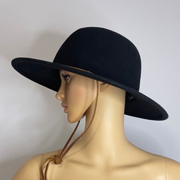 NWT black felt wide brim boho glam Brixton hat with brown suede drawstring tie. main image 2